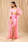 Buy_Masaba_Pink Raw Silk Printed Wallflower Cape Open Sorbet Striped Draped Skirt Set _at_Aza_Fashions