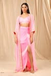 Masaba_Pink Raw Silk Printed Wallflower Cape Open Sorbet Striped Draped Skirt Set _Online_at_Aza_Fashions