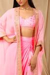 Shop_Masaba_Pink Raw Silk Printed Wallflower Cape Open Sorbet Striped Draped Skirt Set _Online_at_Aza_Fashions