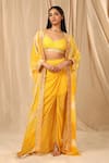 Masaba_Yellow Raw Silk Printed Wallflower Cape Open Sorbet And Draped Skirt Set _Online_at_Aza_Fashions