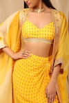 Shop_Masaba_Yellow Raw Silk Printed Wallflower Cape Open Sorbet And Draped Skirt Set _Online_at_Aza_Fashions