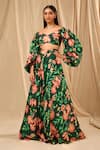 Buy_Masaba_Green Raw Silk Cherry Blossom V Neck Queen Of The Night Printed Lehenga Set_at_Aza_Fashions
