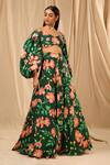 Masaba_Green Raw Silk Cherry Blossom V Neck Queen Of The Night Printed Lehenga Set_Online_at_Aza_Fashions