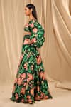 Shop_Masaba_Green Raw Silk Cherry Blossom V Neck Queen Of The Night Printed Lehenga Set_Online_at_Aza_Fashions