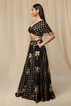 Masaba_Black Crepe Printed Wallflower Asymmetric Draped Bustier And Lehenga Set _Online_at_Aza_Fashions