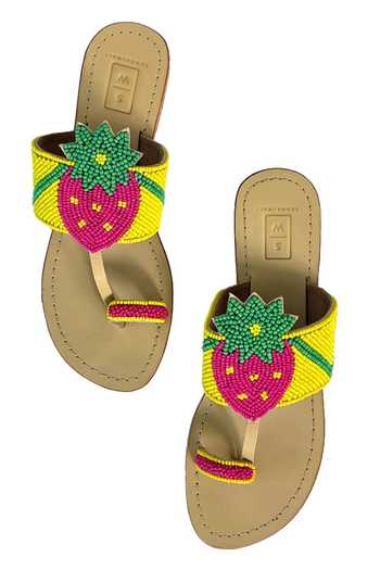Shop_Sandalwali_Yellow Beads Embroidered Strawberry Sandals _at_Aza_Fashions