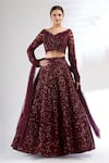 Buy_Mani Bhatia_Maroon Silk, Net V Neck Embroidered Lehenga Set _at_Aza_Fashions