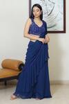 Buy_Devika Seth_Blue Georgette Embroidery V Neck Pre-draped Ruffle Saree _at_Aza_Fashions