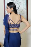 Shop_Devika Seth_Blue Georgette Embroidery V Neck Pre-draped Ruffle Saree _at_Aza_Fashions