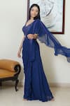 Devika Seth_Blue Georgette Embroidery V Neck Pre-draped Ruffle Saree _Online_at_Aza_Fashions