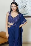 Buy_Devika Seth_Blue Georgette Embroidery V Neck Pre-draped Ruffle Saree _Online_at_Aza_Fashions