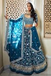 Buy_Mishru_Blue Velvet Scoop Neck Embroidered Bridal Lehenga Set  _at_Aza_Fashions