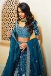 Mishru_Blue Velvet Scoop Neck Embroidered Bridal Lehenga Set  _Online_at_Aza_Fashions