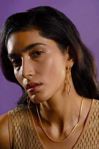 Shop_The Slow Studio_Gold Plated Textured Chain Link Long Earrings _Online_at_Aza_Fashions