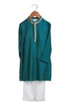 Buy_Mi Dulce An'ya_Blue 100% Organic Cotton Embroidery Beaten Gold Mandarin Collar Kurta And Pant Set _at_Aza_Fashions