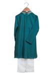 Shop_Mi Dulce An'ya_Blue 100% Organic Cotton Embroidery Beaten Gold Mandarin Collar Kurta And Pant Set _at_Aza_Fashions