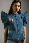 Shop_Mellowdrama_Blue Denim Hand Embroidered Shirt_Online_at_Aza_Fashions