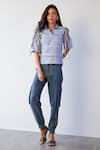 Shop_Mellowdrama_Blue Cotton Polyester Blend Straight Collar Corset Shirt _Online_at_Aza_Fashions