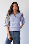 Buy_Mellowdrama_Blue Cotton Polyester Blend Straight Collar Corset Shirt _at_Aza_Fashions