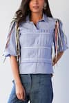 Mellowdrama_Blue Cotton Polyester Blend Straight Collar Corset Shirt _at_Aza_Fashions