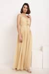 Buy_Ranng Label_Beige Viscose Georgette Plain Sweetheart Neck Pleated Jumpsuit _Online_at_Aza_Fashions