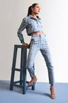 Buy_Mellowdrama_Grey Cotton Collared Neck Checkered Cropped Shirt And Pant Set _at_Aza_Fashions