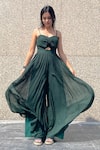 Buy_Ranng Label_Green Viscose Georgette Plain Sweetheart Neck Pleated Jumpsuit _at_Aza_Fashions