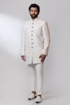 Buy_Nautanky_White Chanderi, Cotton Satin Lycra Sherwani Set _at_Aza_Fashions