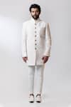 Buy_Nautanky_White Chanderi, Cotton Satin Lycra Sherwani Set _Online_at_Aza_Fashions