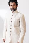 Nautanky_White Chanderi, Cotton Satin Lycra Sherwani Set _at_Aza_Fashions