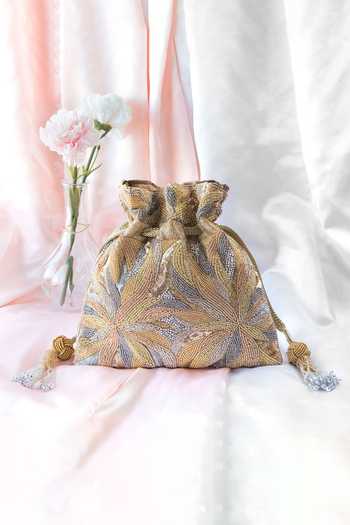 Buy_The Pink Potli_Gold Embroidery Metallic Bloom Potli _at_Aza_Fashions