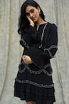 Shop_Bump Loving_Black Viscose Crepe Embroidered Sequin Work V Neck Ruffle Dress _Online_at_Aza_Fashions