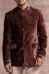 Buy_Tarun Tahiliani_Maroon Bandhgala- Silk Velvet Printed Floral Set _Online_at_Aza_Fashions