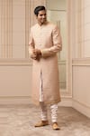 Buy_Tarun Tahiliani_Peach Sherwani Silk Dupion Printed Aari Set _at_Aza_Fashions