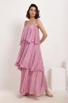 Buy_Ranng Label_Pink Viscose Chiffon Square Neck Asymmetric Tiered Ruffle Dress _at_Aza_Fashions