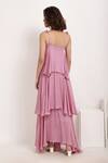 Shop_Ranng Label_Pink Viscose Chiffon Square Neck Asymmetric Tiered Ruffle Dress _at_Aza_Fashions