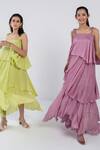 Buy_Ranng Label_Pink Viscose Chiffon Square Neck Asymmetric Tiered Ruffle Dress _Online_at_Aza_Fashions