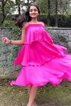Buy_Ranng Label_Pink Viscose Chiffon Square Neck Asymmetric Tiered Ruffle Dress _at_Aza_Fashions
