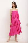 Ranng Label_Pink Viscose Chiffon Square Neck Asymmetric Tiered Ruffle Dress _Online_at_Aza_Fashions