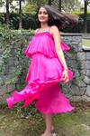 Buy_Ranng Label_Pink Viscose Chiffon Square Neck Asymmetric Tiered Ruffle Dress _Online_at_Aza_Fashions