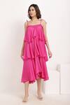 Shop_Ranng Label_Pink Viscose Chiffon Square Neck Asymmetric Tiered Ruffle Dress _Online_at_Aza_Fashions