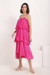 Ranng Label_Pink Viscose Chiffon Square Neck Asymmetric Tiered Ruffle Dress _at_Aza_Fashions