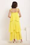 Shop_Ranng Label_Yellow Viscose Chiffon Square Neck Asymmetric Tiered Ruffle Dress _at_Aza_Fashions