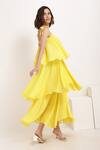 Ranng Label_Yellow Viscose Chiffon Square Neck Asymmetric Tiered Ruffle Dress _Online_at_Aza_Fashions