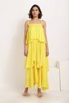 Buy_Ranng Label_Yellow Viscose Chiffon Square Neck Asymmetric Tiered Ruffle Dress _Online_at_Aza_Fashions