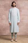Buy_Tarun Tahiliani_Blue Churidar- Poplin Lycra, Kurta- Georgette Floral Chikankari Set_Online_at_Aza_Fashions