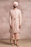 Buy_Tarun Tahiliani_Pink Sherwani Katan  Kurta Jacquard Churidar Poplin Lycra Set _at_Aza_Fashions