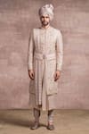 Buy_Tarun Tahiliani_Grey Sherwani Katan  Kurta Jacquard Churidar Poplin Resham Set _at_Aza_Fashions