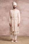 Buy_Tarun Tahiliani_White Sherwani Katan  Kurta Jacquard Churidar Poplin Lycra Set _at_Aza_Fashions