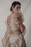 Merge Design_Beige Blouse , Lehenga Crepe And Leaf Pattern V Embroidered Ruffle Set _at_Aza_Fashions